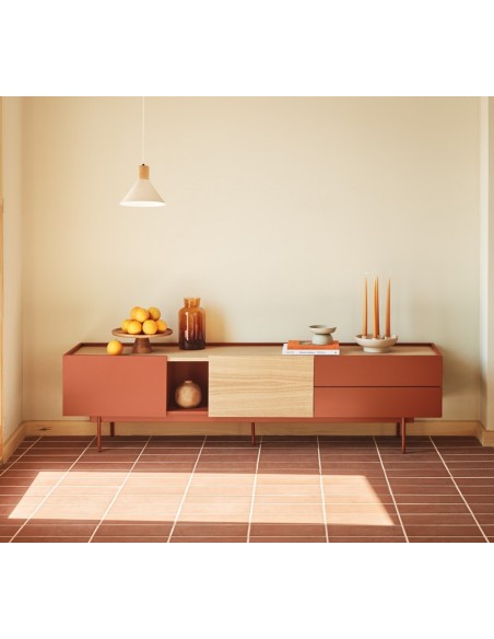 Teulat mueble de Tv OTTO 180 x 40, MDF lacado teja y roble.