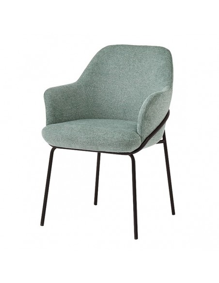 Cadeira ABIGAIL com braços em tecido florestal e pernas em aço com acabamento preto.