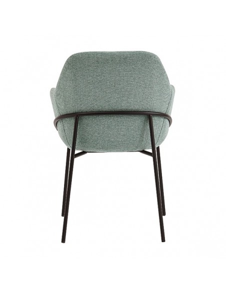 Cadeira ABIGAIL com braços em tecido florestal e pernas em aço com acabamento preto.