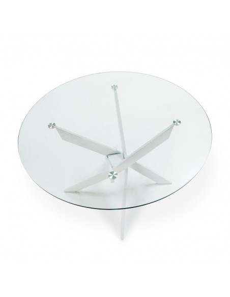 Mesa de Jantar Redonda Thur 120 Design, pés de metal branco, tampo de vidro.