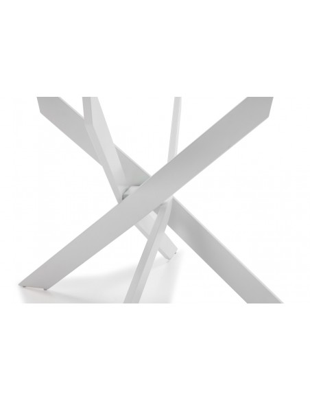 Mesa de Jantar Redonda Thur 120 Design, pés de metal branco, tampo de vidro.