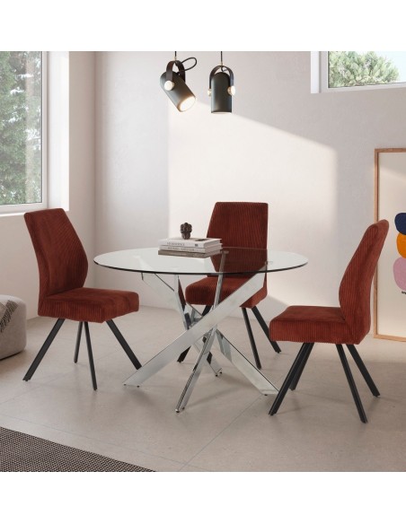 Thur 120 Mesa Redonda de cristal, patas metal cromado, diseño moderno