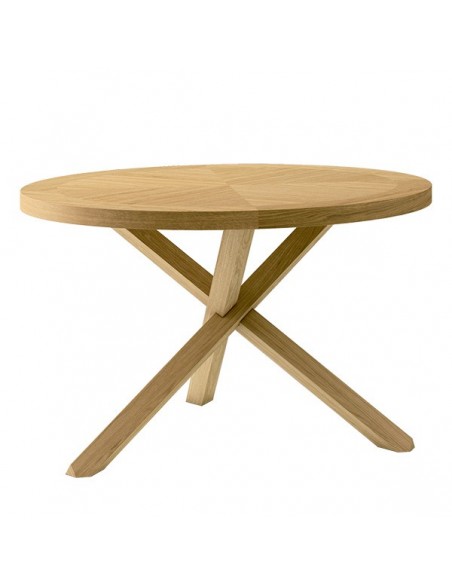 Mesa redonda Argo 120, chapa de roble y patas de madera maciza.