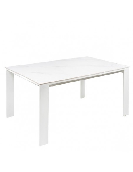 Mesa extensível JANET 140 (190-240) x 90. Porcelânico branco e base metálica branca.