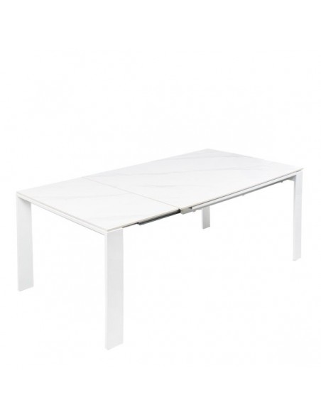 Mesa extensible JANET 140 (190-240) x 90. Porcelánico blanco y base de metal blanco.