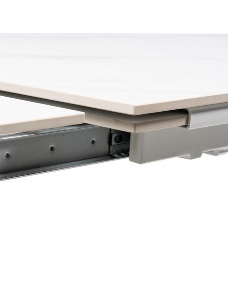 Mesa extensível JANET 140 (190-240) x 90. Porcelânico branco e base metálica branca.