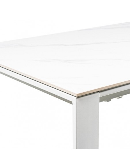 Mesa extensible JANET 140 (190-240) x 90. Porcelánico blanco y base de metal blanco.
