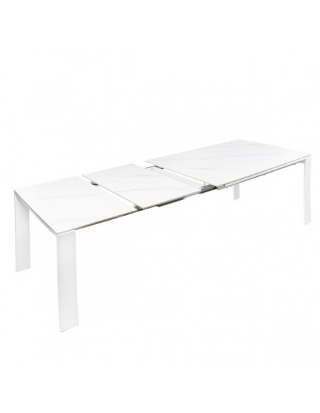Mesa extensible JANET 140 (190-240) x 90. Porcelánico blanco y base de metal blanco.