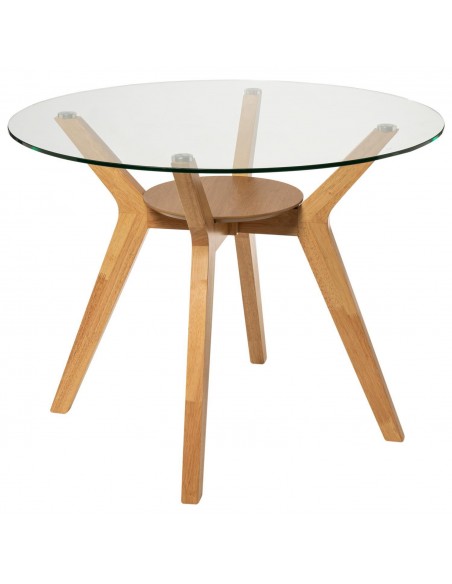Mesa redonda SABRINE 100, cristal y patas de madera maciza de roble