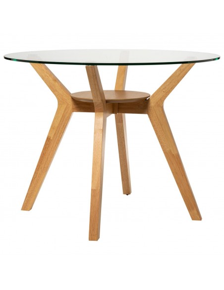 Mesa redonda SABRINE 100, cristal y patas de madera maciza de roble