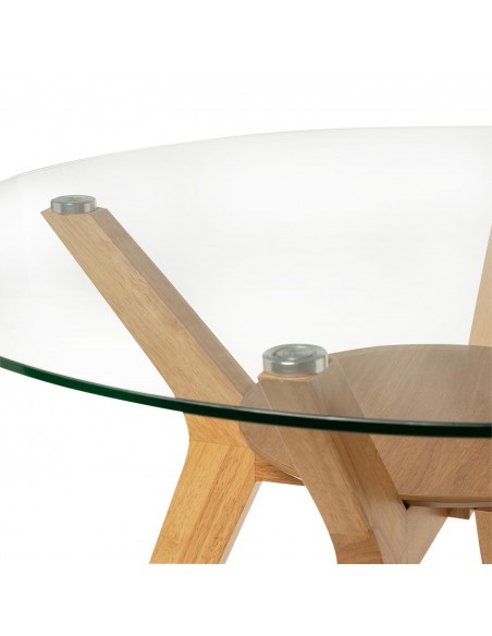 Mesa redonda de vidro SABRINE 120, base em madeira de carvalho