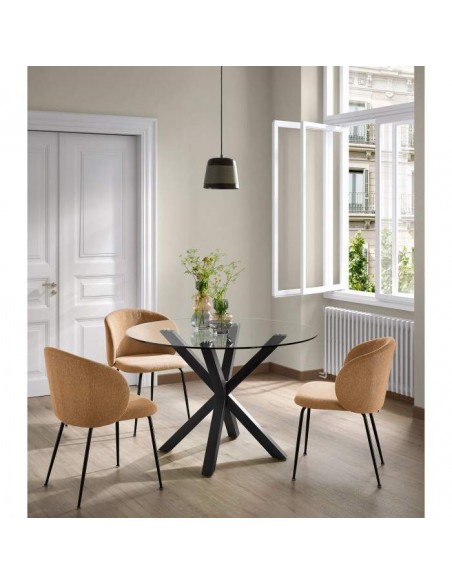 ARYA Mesa 119X119negro, cristal transparente.