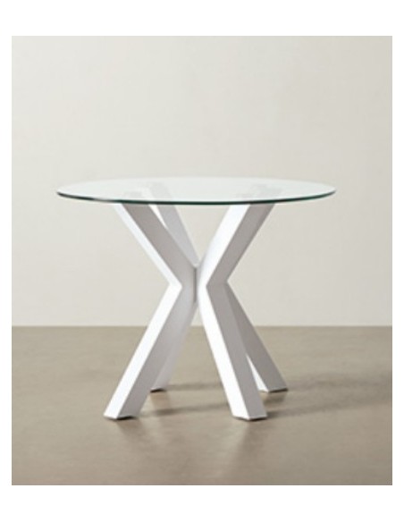 Mesa redonda de cristal Argo 120, base de acero en blanco
