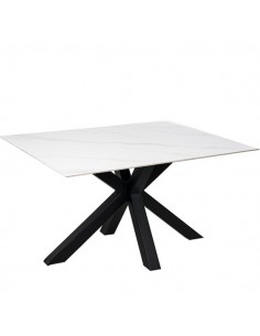 Mesa ARGO 140 x 90, porcelánico Creta y base de metal negro.