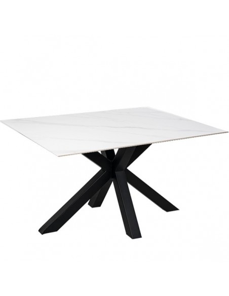 Mesa ARGO 140 x 90, porcelânico Creta e base em metal preto.
