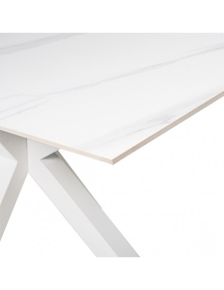 Mesa ARGO 160 x 90, porcelánico Creta y base de metal blanco.