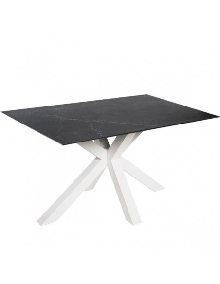 Mesa ARGO 140 x 90, porcelánico Sahara y base de metal blanco.