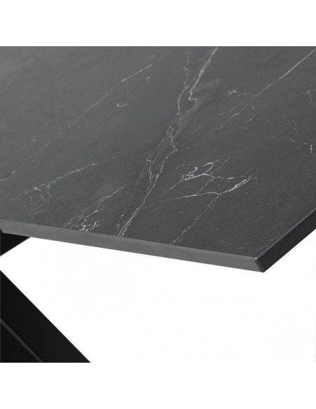 Mesa ARGO 140 x 90, porcelânico Sahara e base em metal preto.