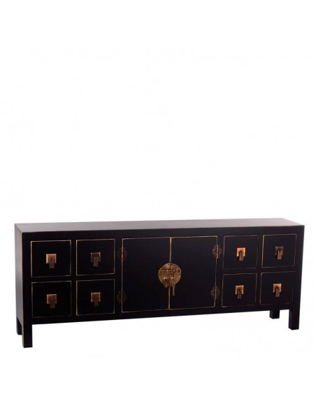 Aparador Oriental 8 cajones SHIAN 130 X 24, madera negro y oro.