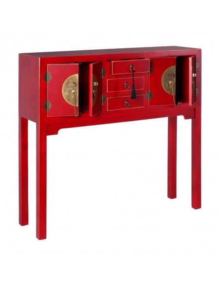 Consola Oriental SHIAN 95 x 26, 4 puertas y 3 cajones, rojo y dorado.