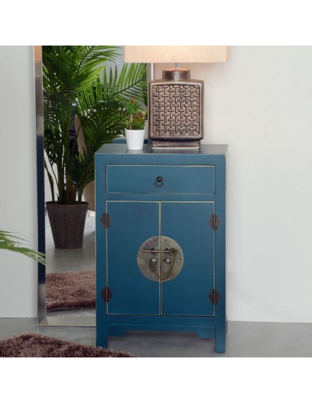 Mesita Oriental SHIAN 45 x 26, azul, 2 puertas y 1 cajón