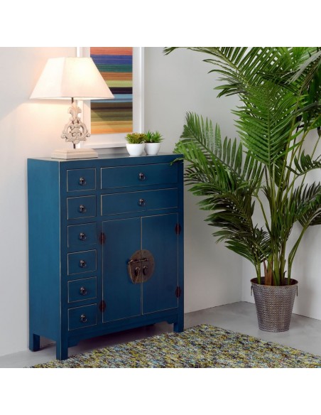 Aparador SHIAN Oriental 73 x 26, azul. 8 gavetas e 2 portas
