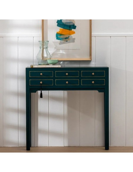 Consola de diseño Oriental HANZO 85 x 26, azul y 6 cajones.