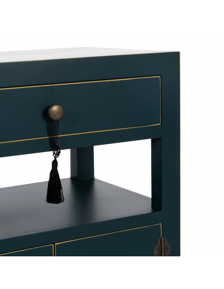 Mesa de diseño Oriental MING 50 x 40, azul, 1 puerta y 1 cajón.