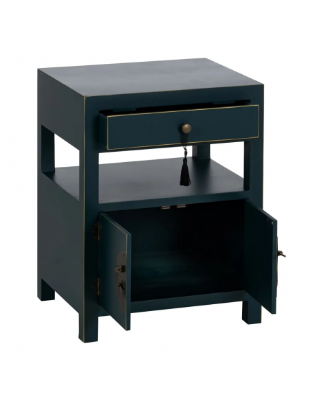 Mesa de diseño Oriental MING 50 x 40, azul, 1 puerta y 1 cajón.