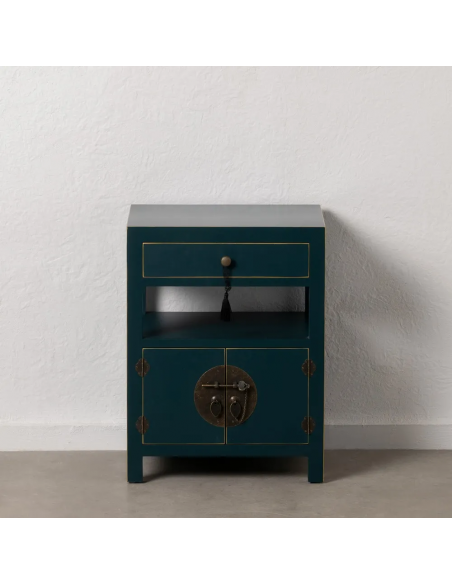 Mesa de diseño Oriental MING 50 x 40, azul, 1 puerta y 1 cajón.