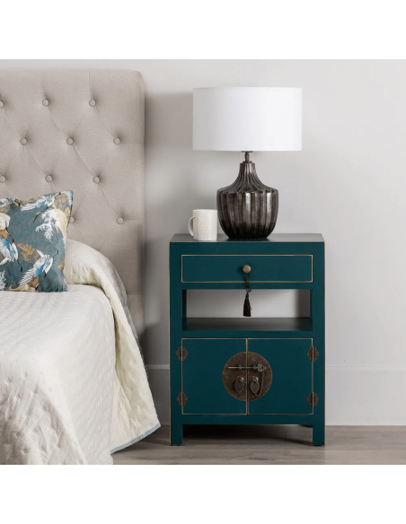 Mesa de design oriental MING 50 x 40, azul, 1 porta e 1 gaveta.