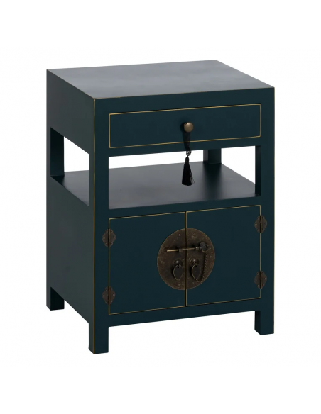 Mesa de diseño Oriental MING 50 x 40, azul, 1 puerta y 1 cajón.