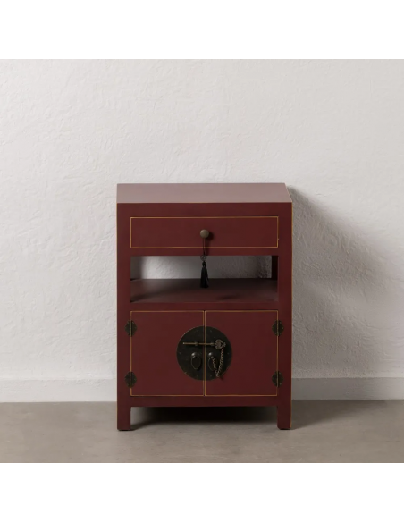 Mesa de cabeceira design oriental MING 50 x 40, teja, 1 porta e 1 gaveta.