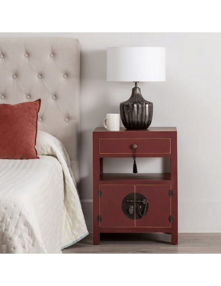 Mesa de cabeceira design oriental MING 50 x 40, teja, 1 porta e 1 gaveta.