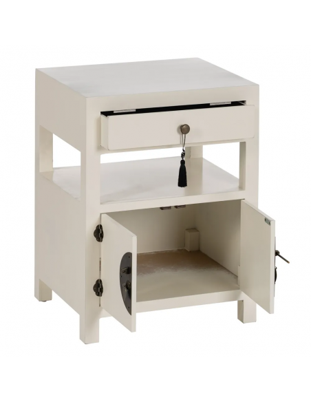 Mesa de cabeceira design oriental MING 50 x 40, branco, 1 porta e 1 gaveta.