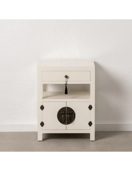 Mesa de cabeceira design oriental MING 50 x 40, branco, 1 porta e 1 gaveta.