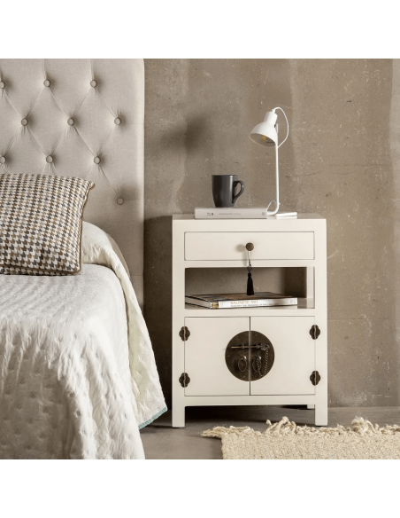 Mesa de cabeceira design oriental MING 50 x 40, branco, 1 porta e 1 gaveta.
