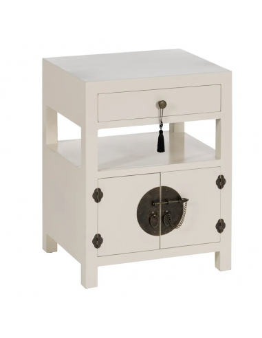 Mesita de noche diseño Oriental MING 50 x 40, blanco, 1 puerta y 1 cajón.
