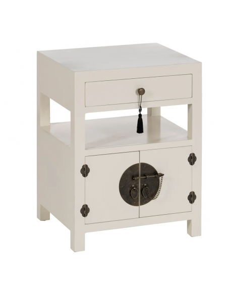Mesita de noche diseño Oriental MING 50 x 40, blanco, 1 puerta y 1 cajón.