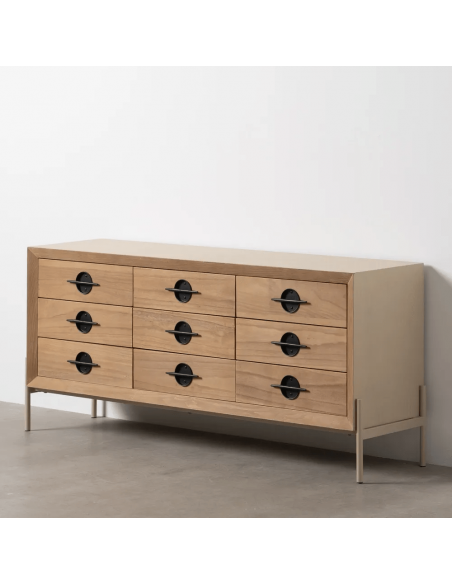 Aparador Japandi AIKO, 9 cajones, madera y metal combinado blanco y natural