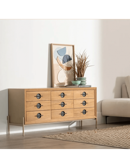 Aparador Japandi AIKO, 9 cajones, madera y metal combinado blanco y natural