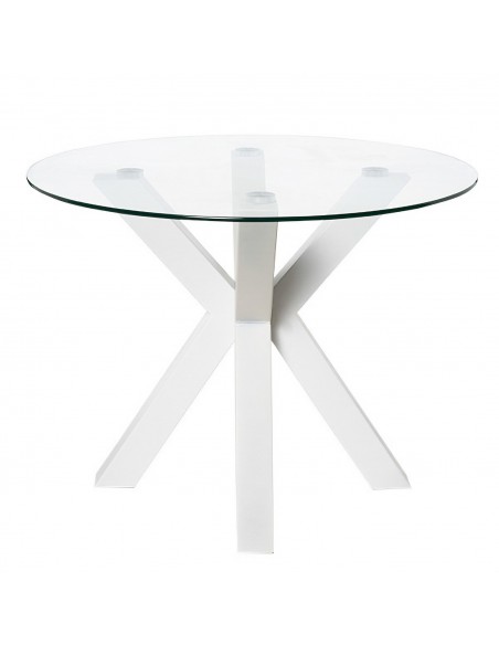 Mesa redonda de cristal Argo 120, base de acero en blanco