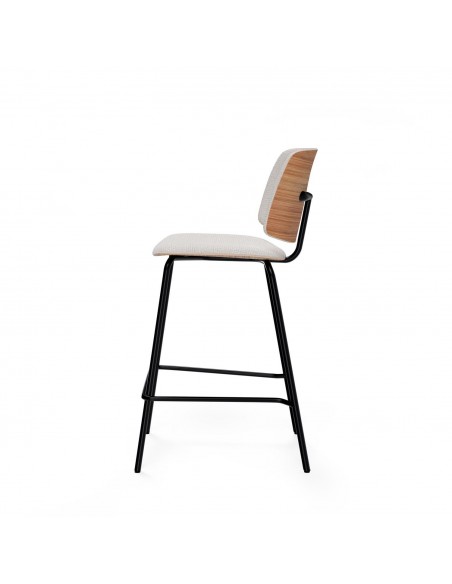 Taburete bajo de diseño AUSTIN 65, tejido Bora, respaldo trasera de madera.