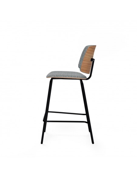 Taburete bajo de diseño AUSTIN 65, tejido Bora, respaldo trasera de madera.