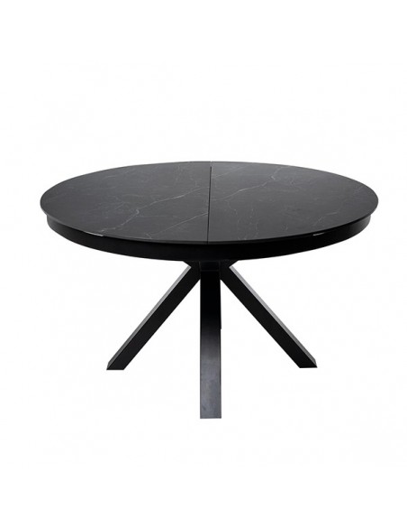 Mesa extensible redonda ZURI Ø 130 (180), porcelánico y metal negro.