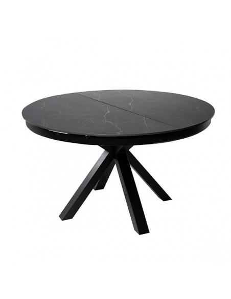 Mesa extensible redonda ZURI Ø 130 (180), porcelánico y metal negro.