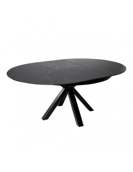 Mesa extensível redonda ZURI Ø 130 (180), porcelánico e metal preto.