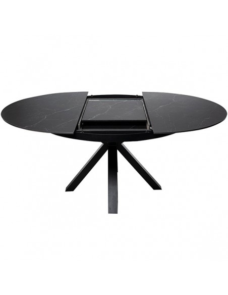 Mesa extensível redonda ZURI Ø 130 (180), porcelánico e metal preto.