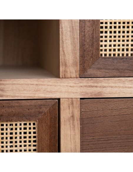 Mueble de TV bohemio chic Sasha 120 x 40, madera de paulonia, pino y ratán