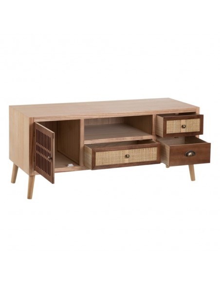 Mueble de TV bohemio chic Sasha 120 x 40, madera de paulonia, pino y ratán